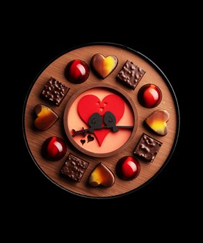 Coffret Saint-Valentin  - Chocolat lait, noir et blanc, ganaches: choc intense, framboise gingembre et un praliné fruit de la passion. 300g 54.-